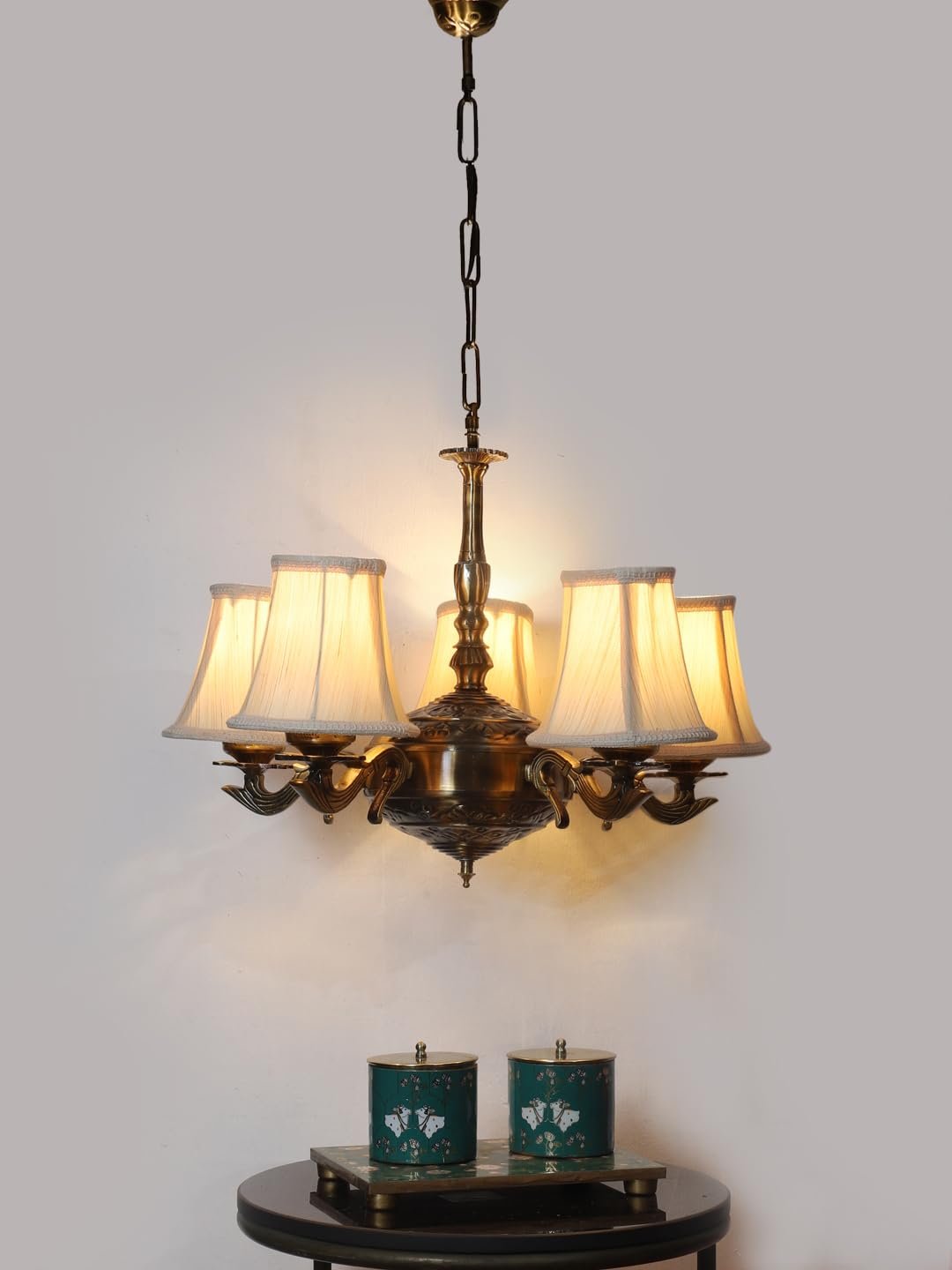 Lights Off-White Round Cotton Shade with Antique Golden Chandelier -H