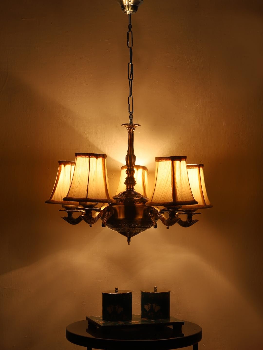 Lights Off-White Round Cotton Shade with Antique Golden Chandelier -H