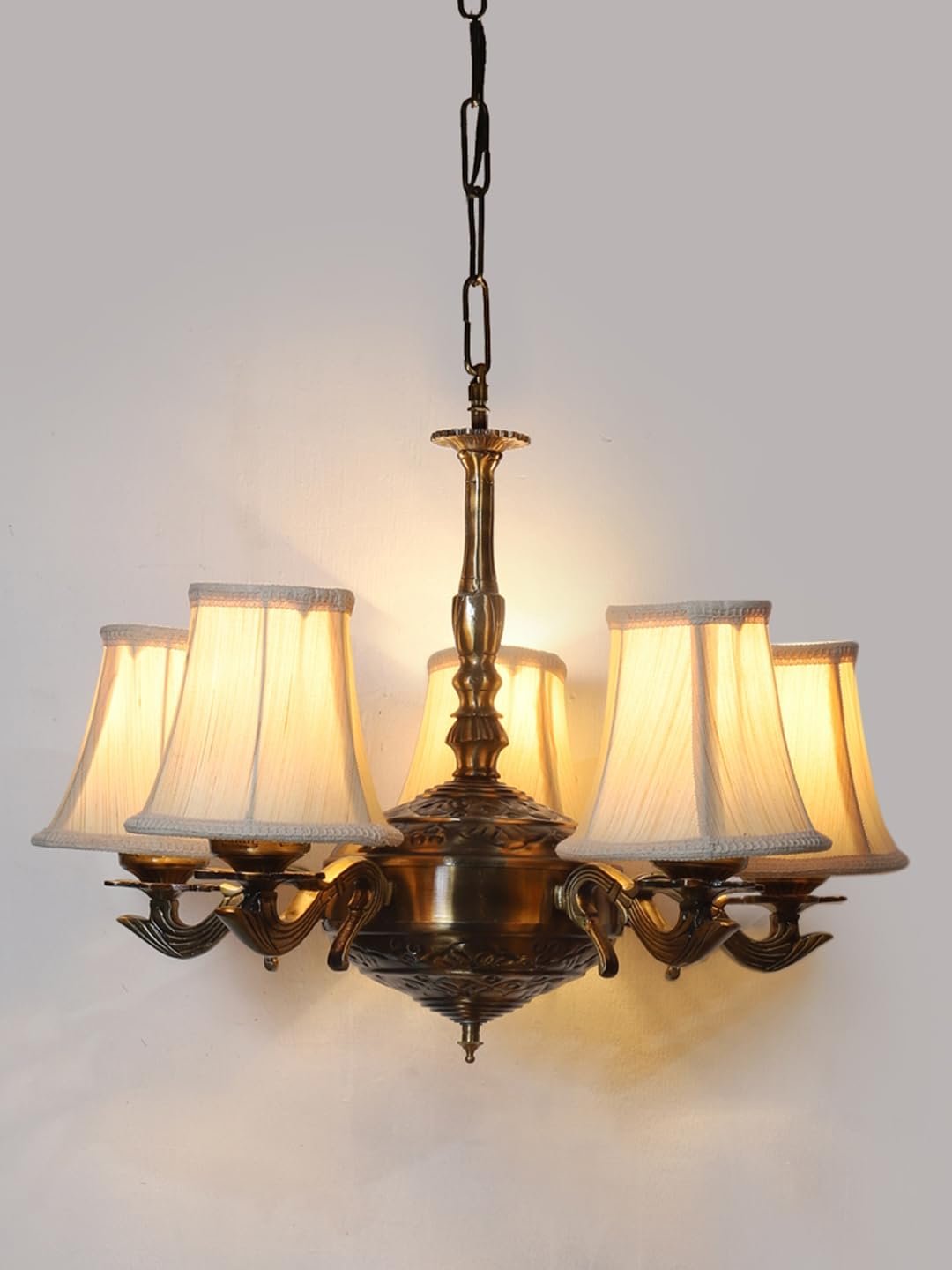 Lights Off-White Round Cotton Shade with Antique Golden Chandelier -H