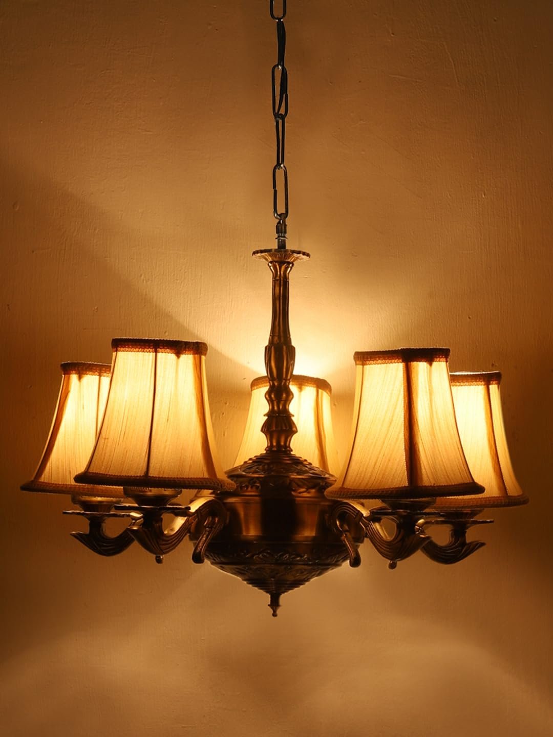 Lights Off-White Round Cotton Shade with Antique Golden Chandelier -H
