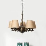 Lights Beige Round Shade with Antique Golden Chandelier -K