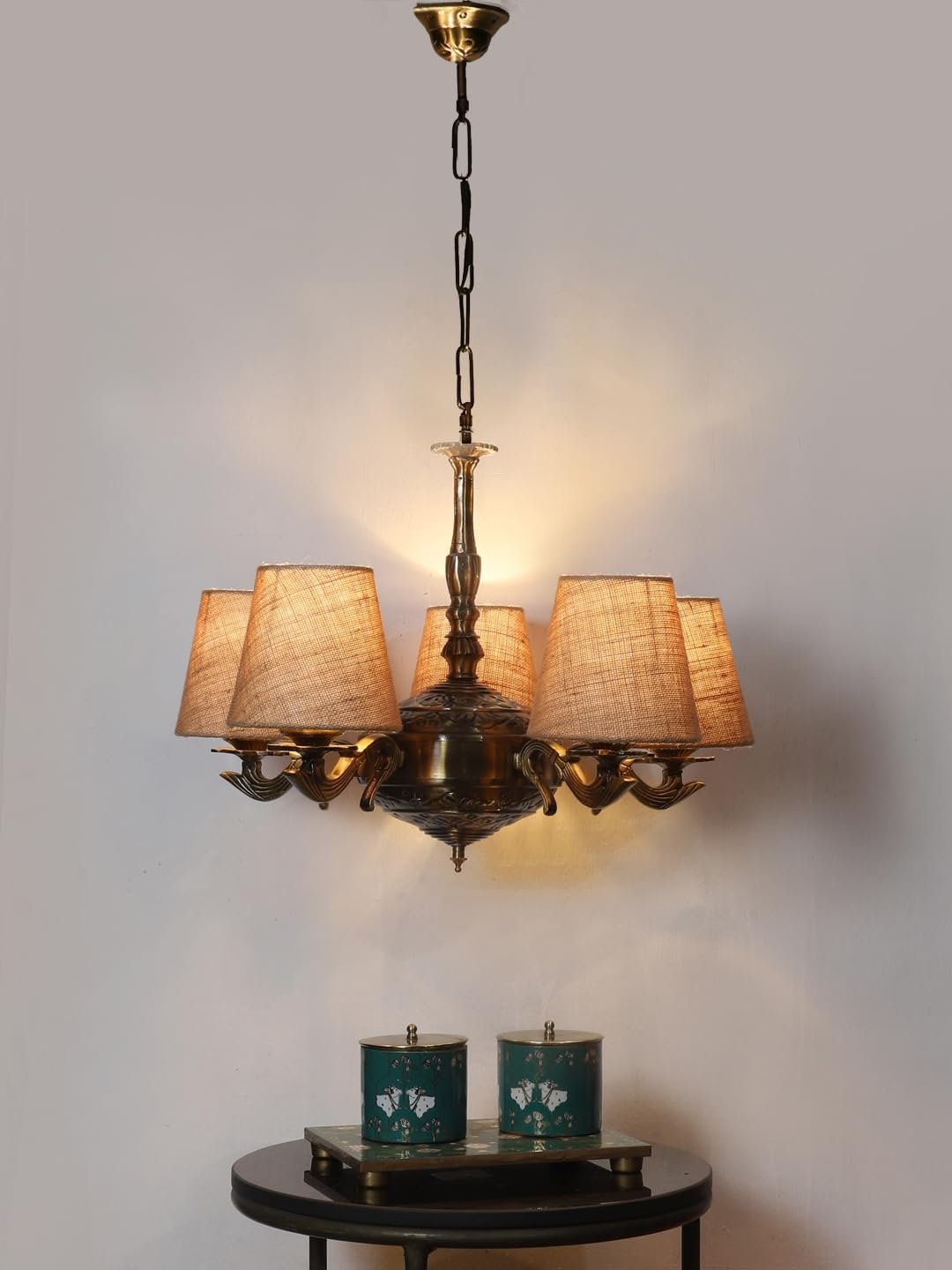 Lights Black Vintage Cotton Shade with Antique Golden Chandelier -M