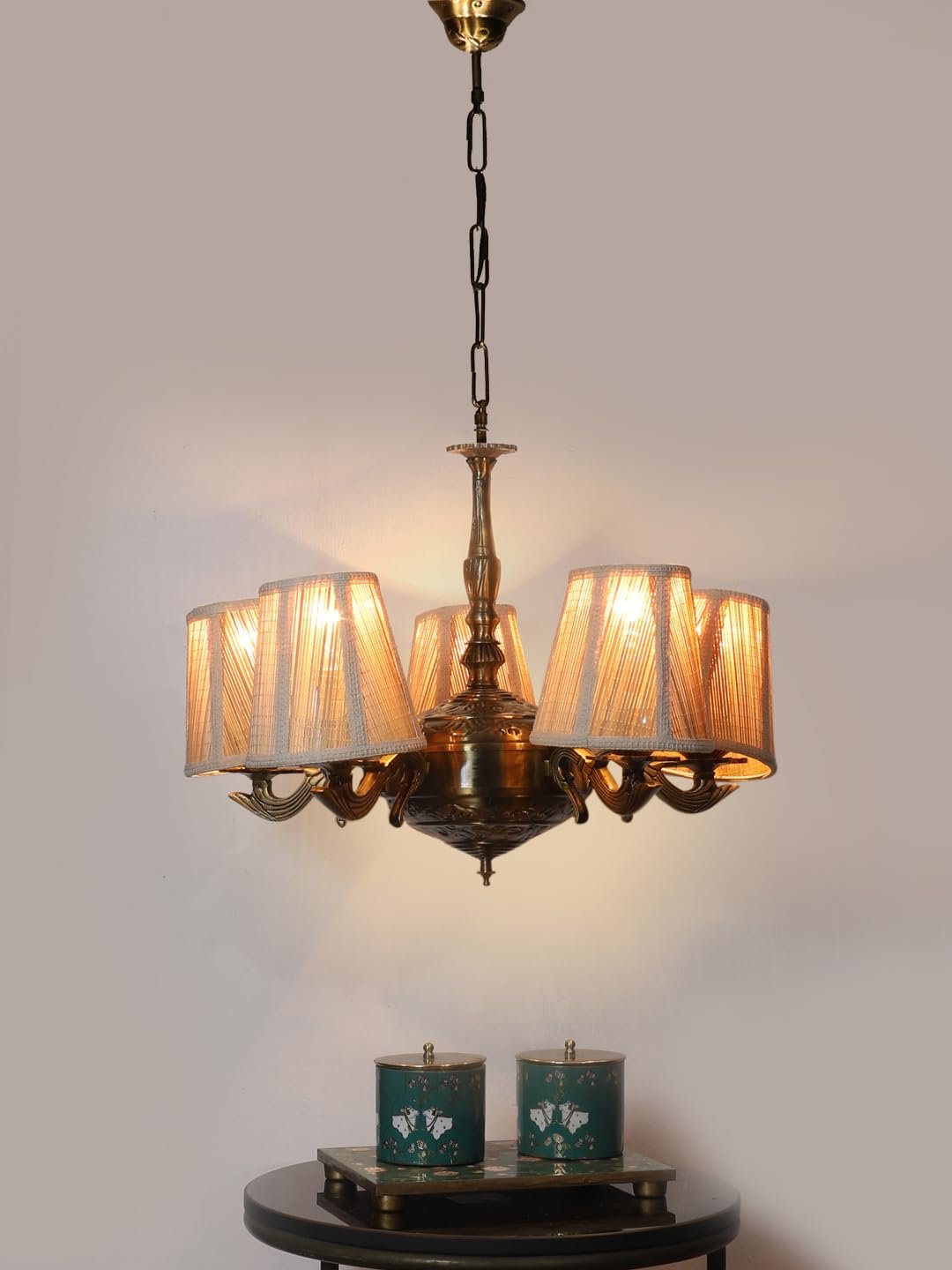 Lights Bamboo Conical Shade with Antique Golden Chandelier -R