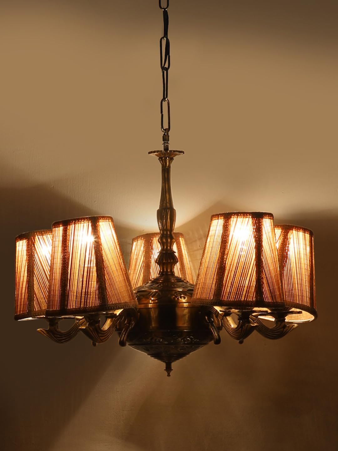 Lights Bamboo Conical Shade with Antique Golden Chandelier -R