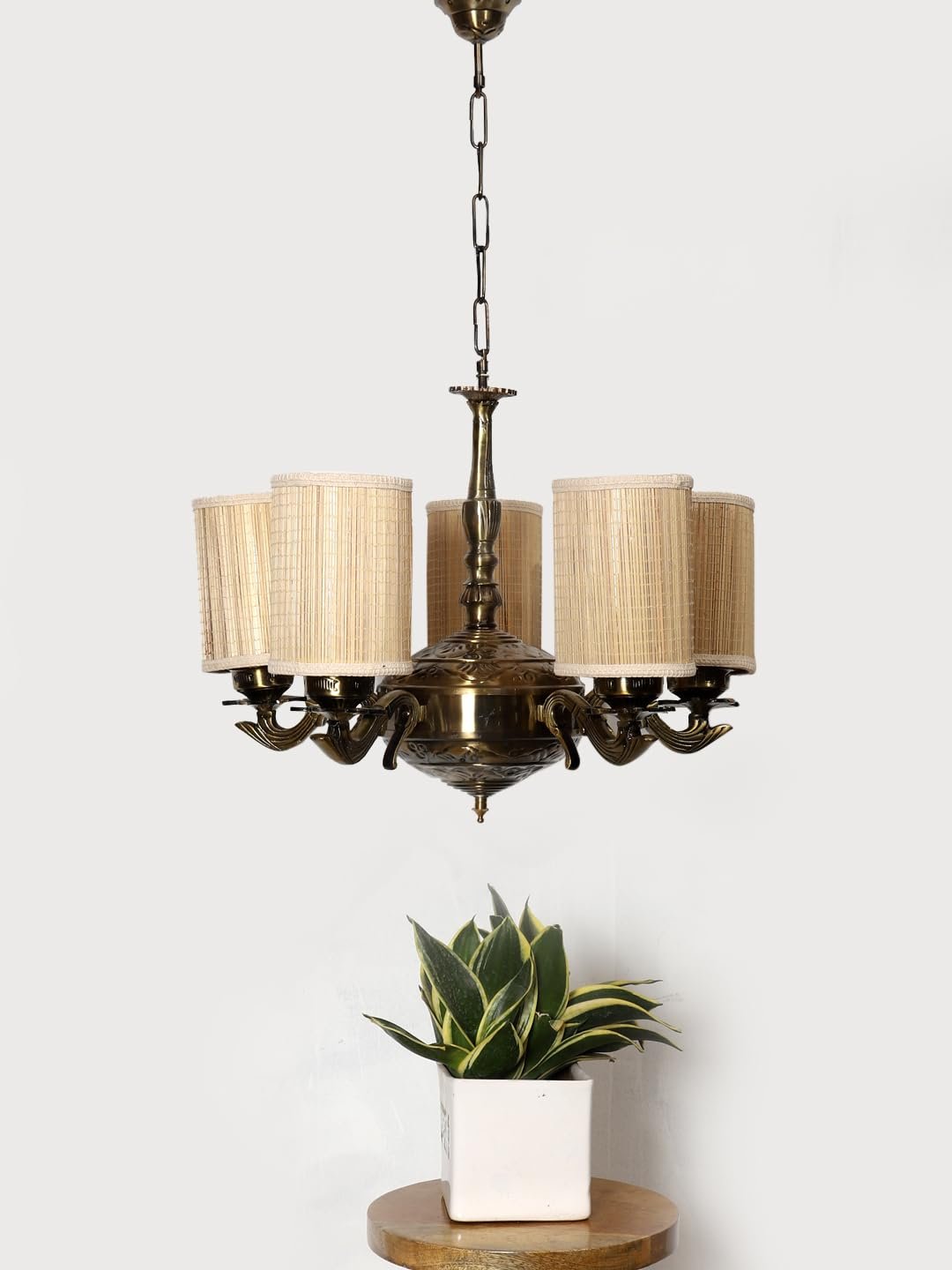 Lights Bamboo Round Shade with Antique Golden Chandelier