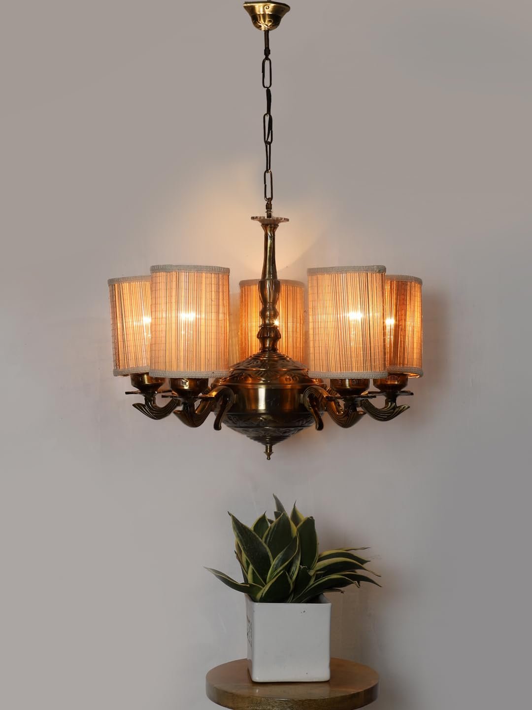 Lights Bamboo Round Shade with Antique Golden Chandelier