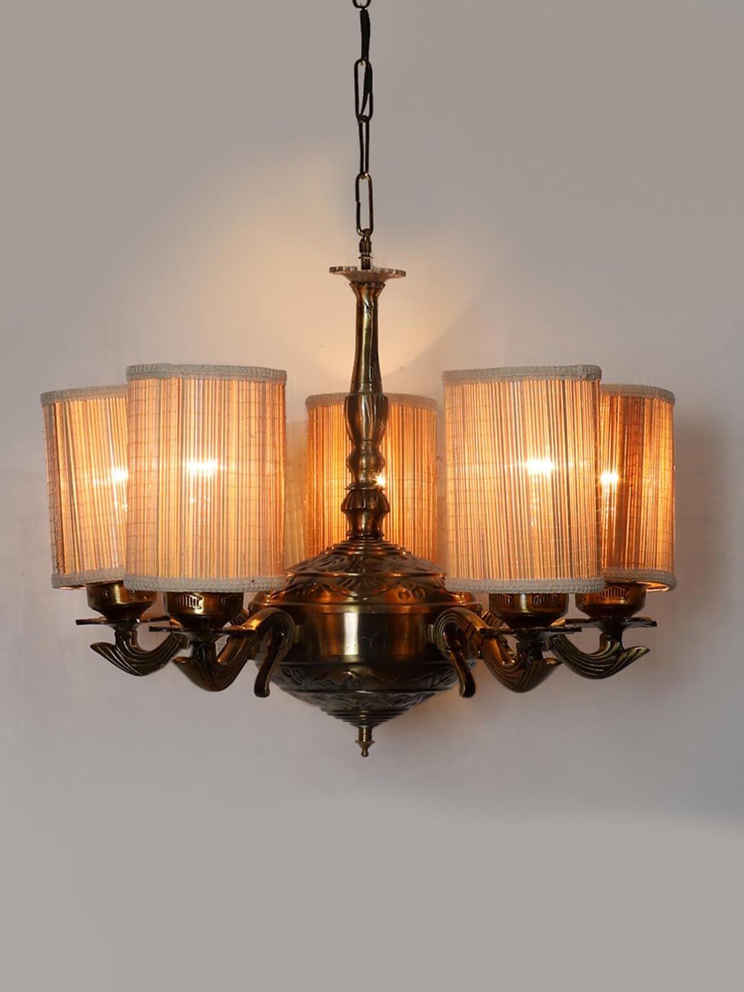 Lights Bamboo Round Shade with Antique Golden Chandelier