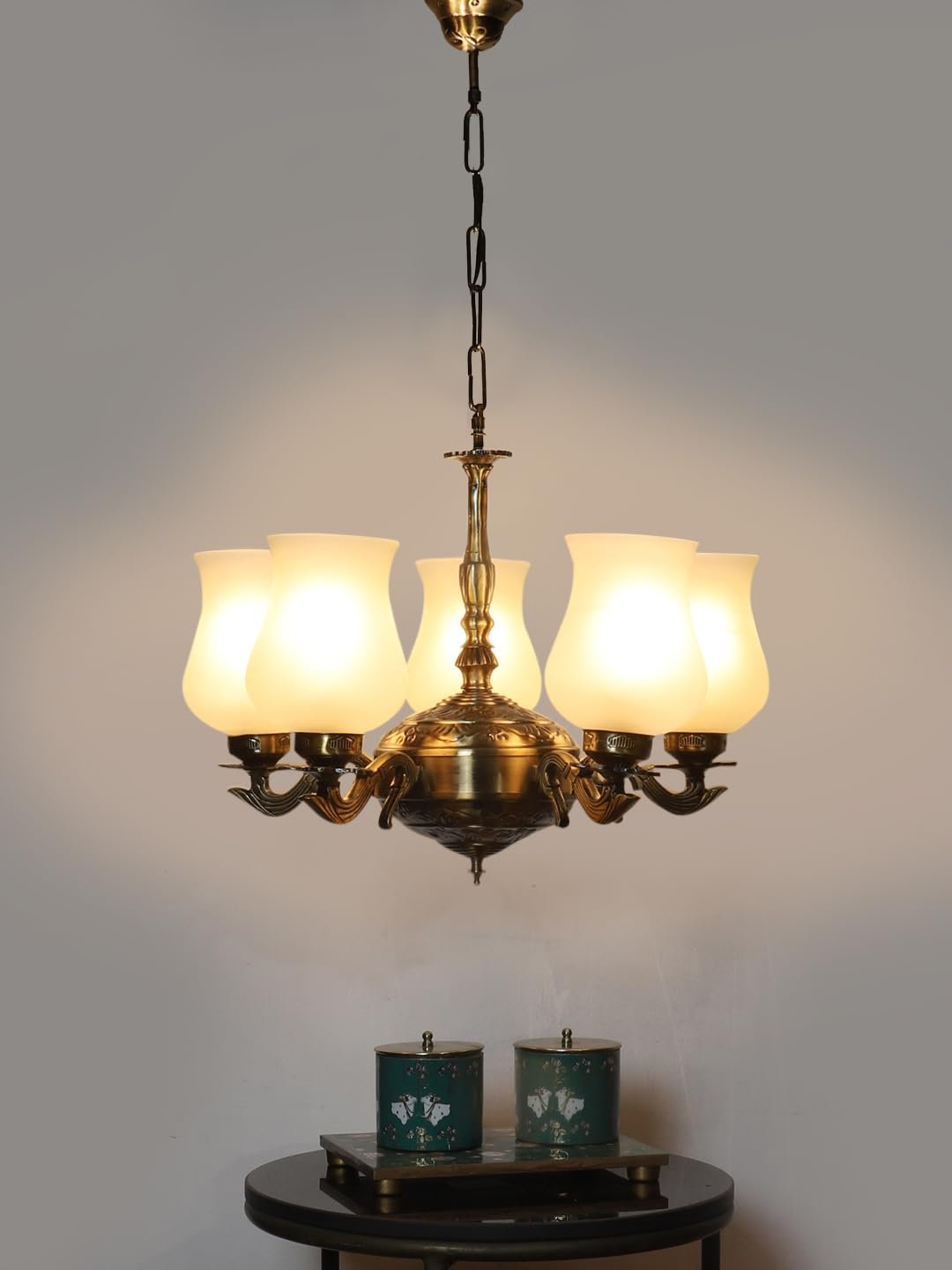Lights Milky White Glass Shade with Antique Golden Chandelier -Q