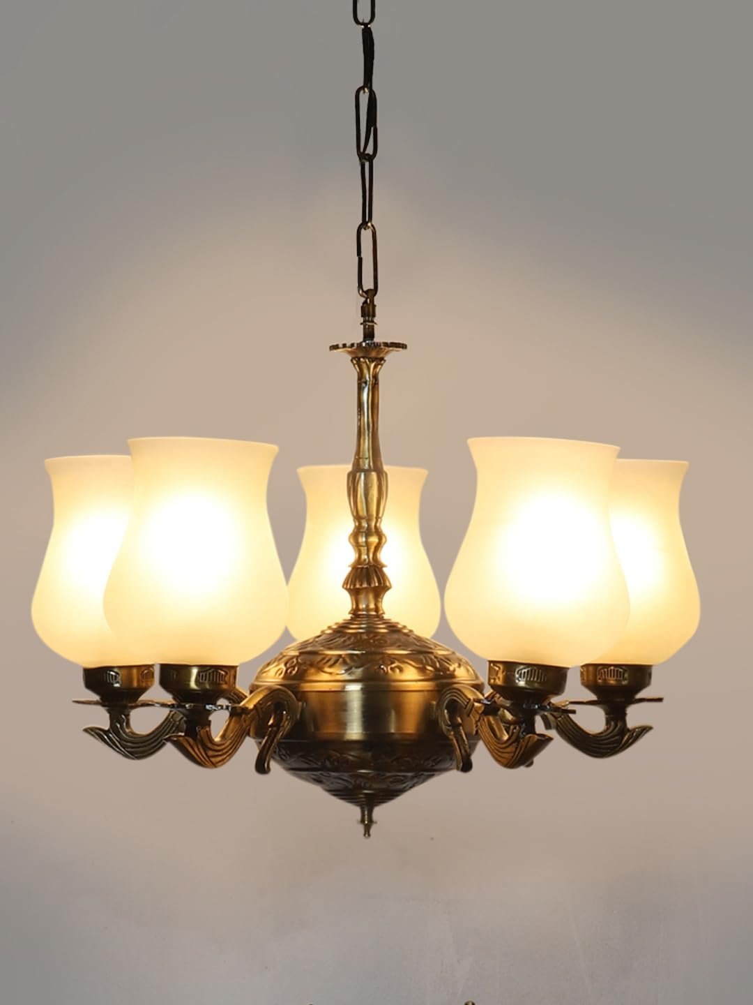 Lights Milky White Glass Shade with Antique Golden Chandelier -Q