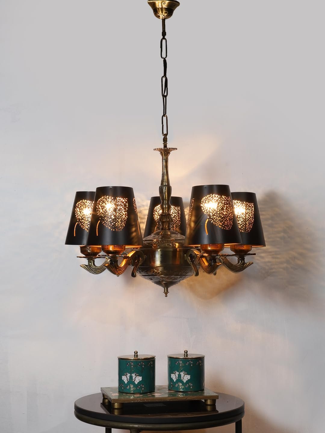 Lights Metal Leaf Etched Shade with Antique Golden Chandelier -X