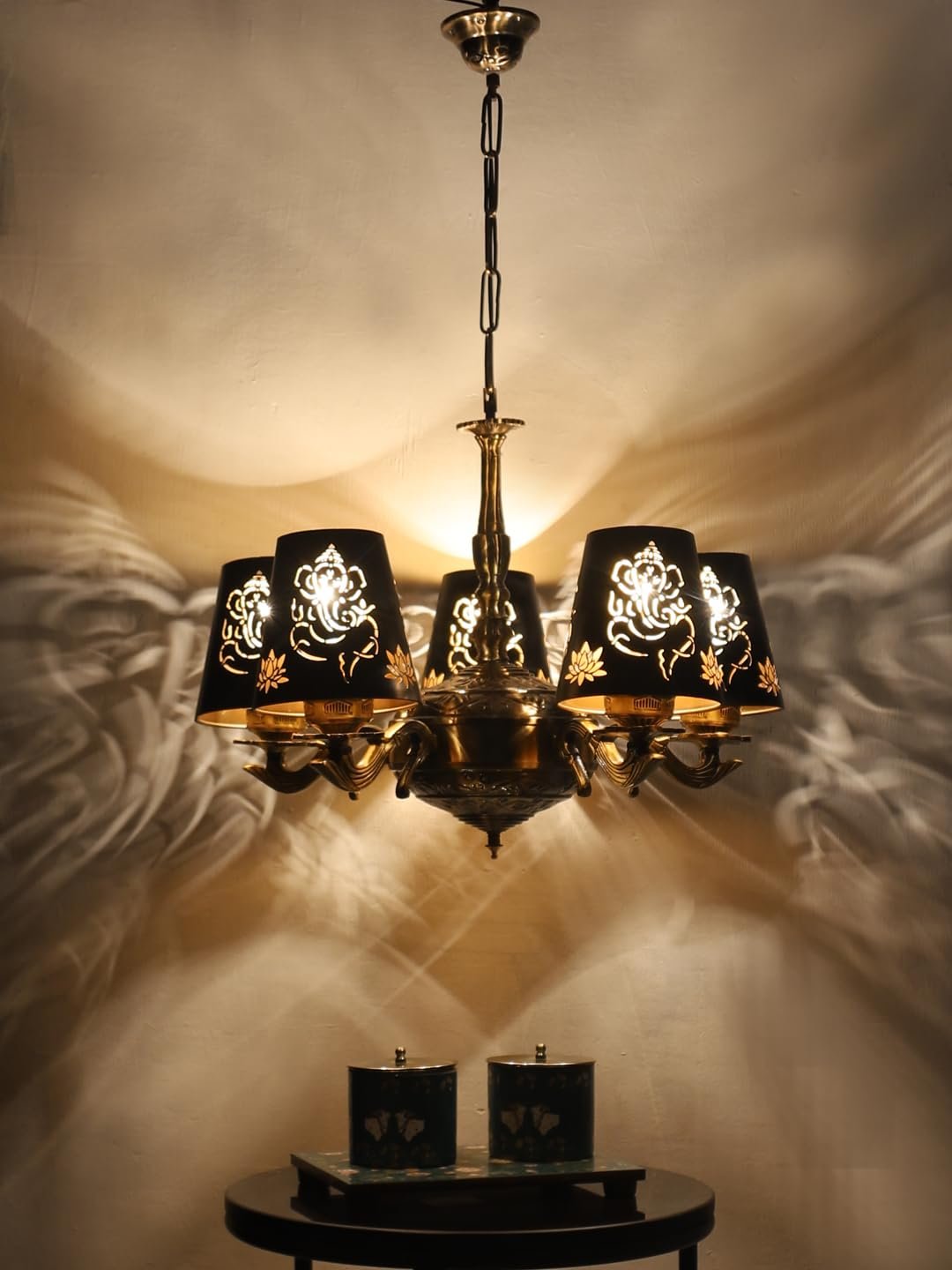 Lights Ganesh Ji Metal Etched Shade with Antique Golden Chandelier -ZD