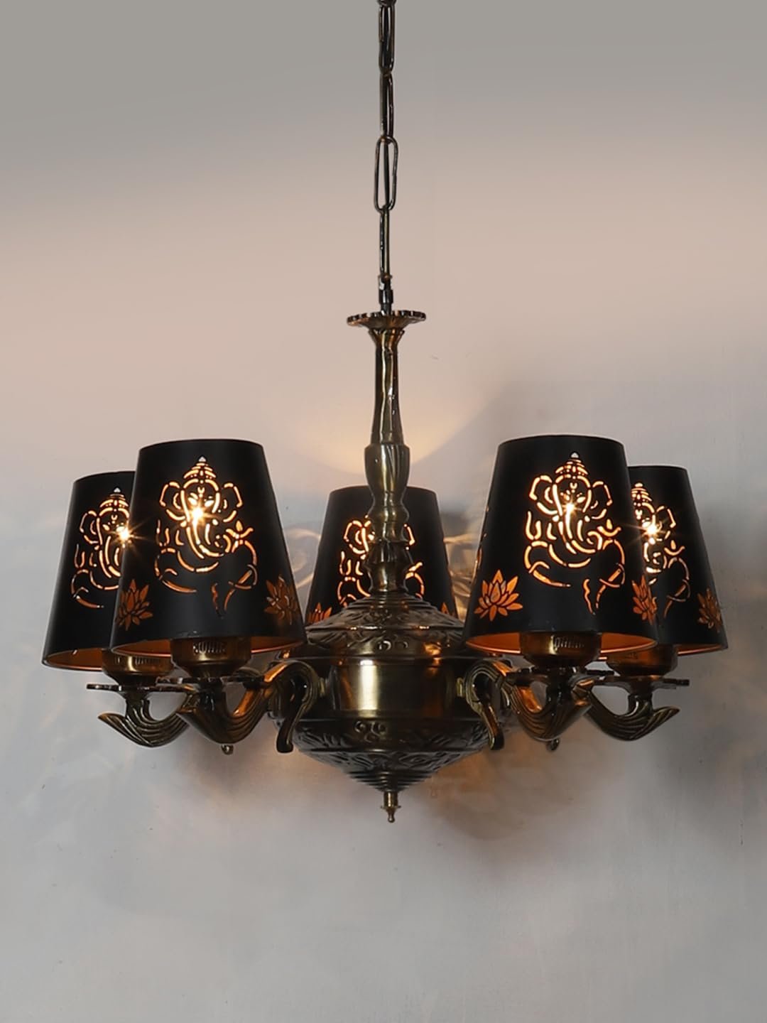 Lights Ganesh Ji Metal Etched Shade with Antique Golden Chandelier -ZD
