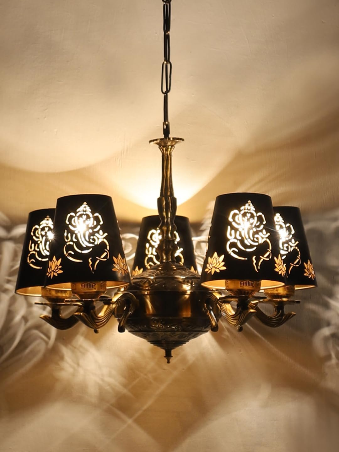 Lights Ganesh Ji Metal Etched Shade with Antique Golden Chandelier -ZD