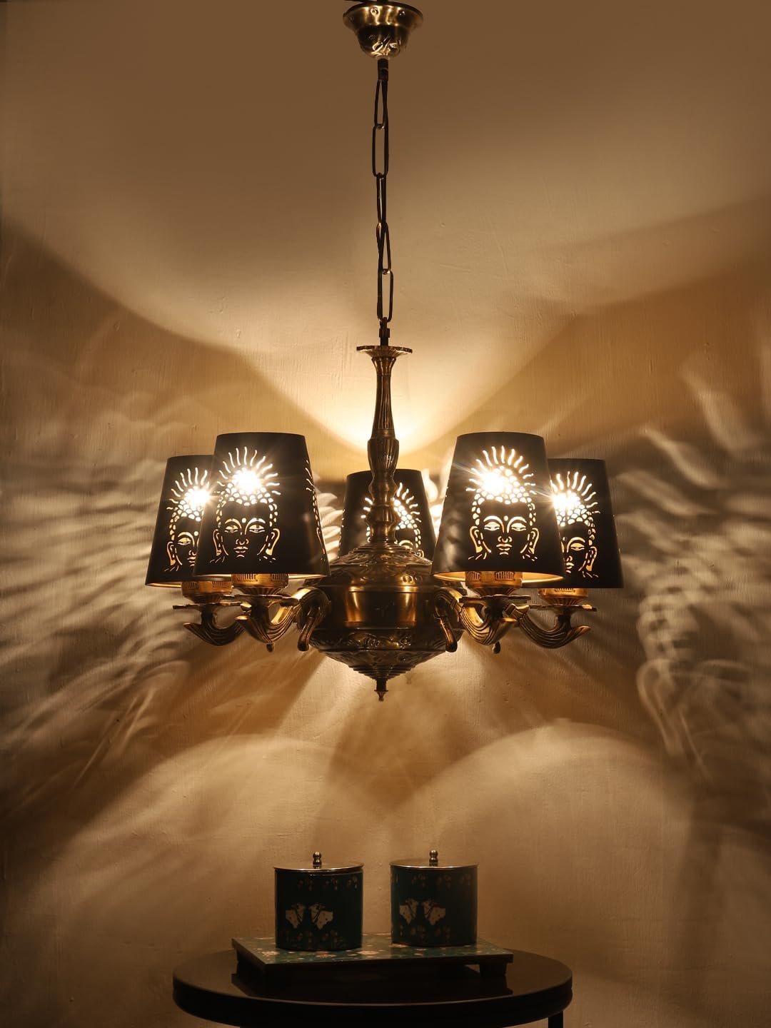 Lights Budha JI Metal Etched Shade with Antique Golden Chandelier -ZE