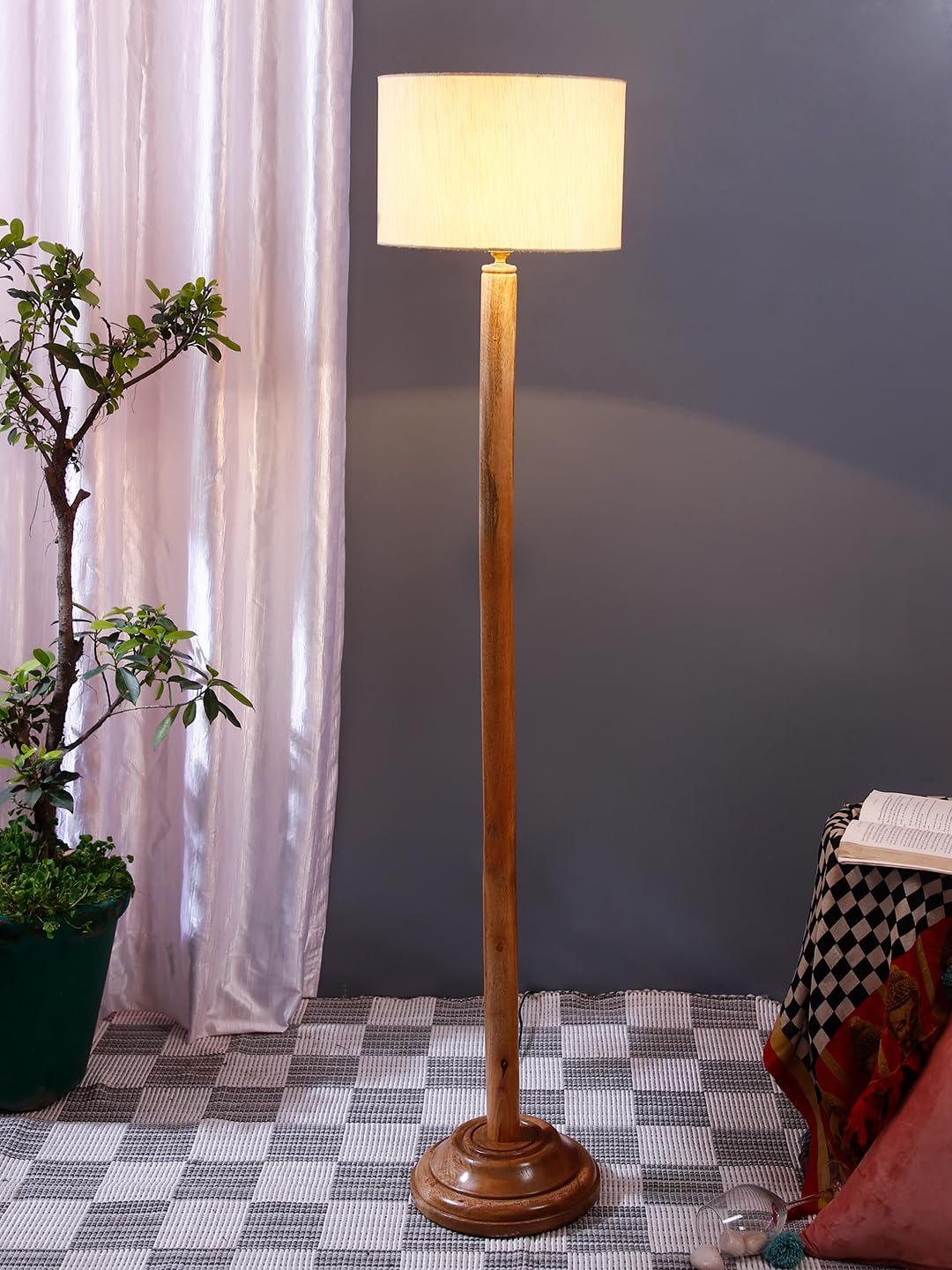 Off-White Cotton Drum Shade with Wood Floor lamp for Decoration/Office/Home/Gifting/Study .-(12x12x57 Inches)