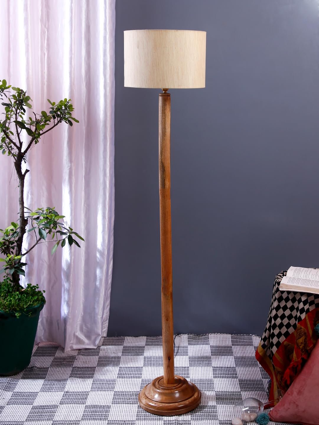 Off-White Cotton Drum Shade with Wood Floor lamp for Decoration/Office/Home/Gifting/Study .-(12x12x57 Inches)