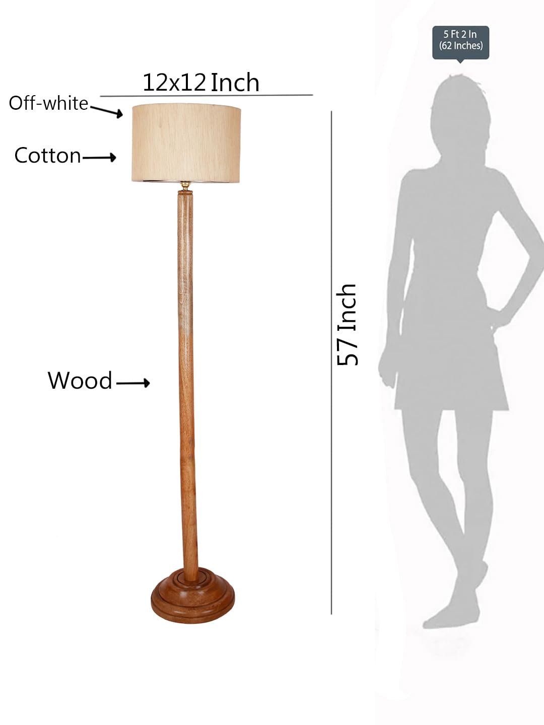 Off-White Cotton Drum Shade with Wood Floor lamp for Decoration/Office/Home/Gifting/Study .-(12x12x57 Inches)