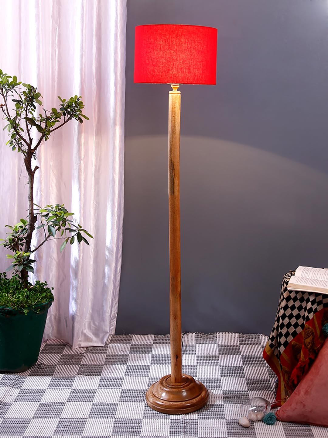Red Cotton Drum Shade with Wood Floor lamp for Decoration/Office/Home/Gifting/Study .-(12x12x57 Inches)
