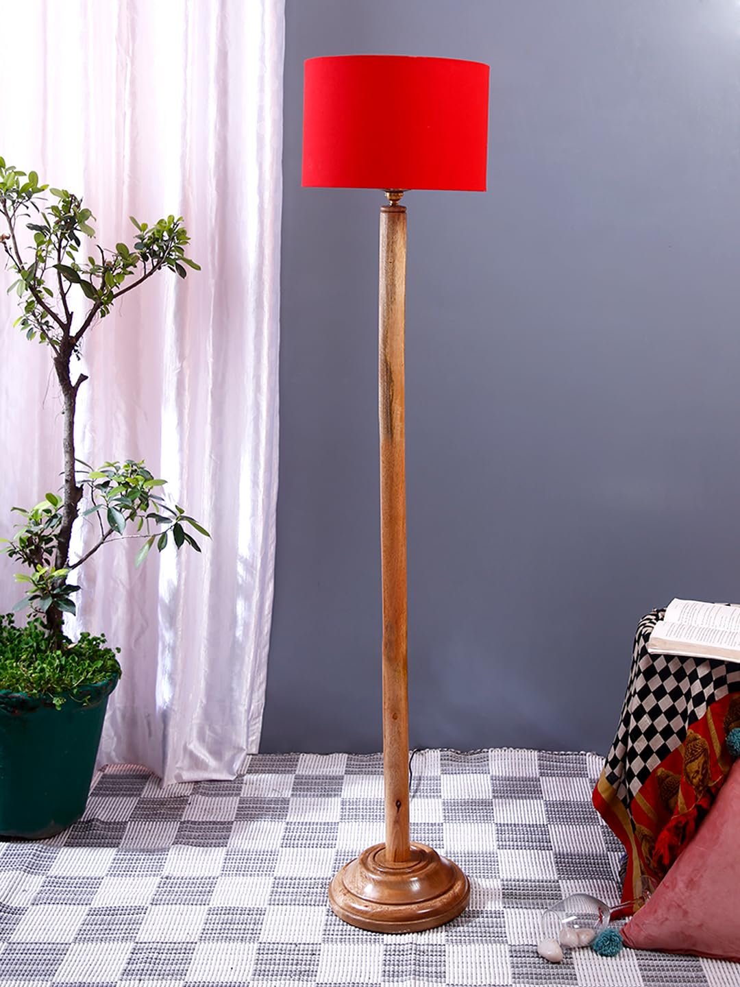 Red Cotton Drum Shade with Wood Floor lamp for Decoration/Office/Home/Gifting/Study .-(12x12x57 Inches)