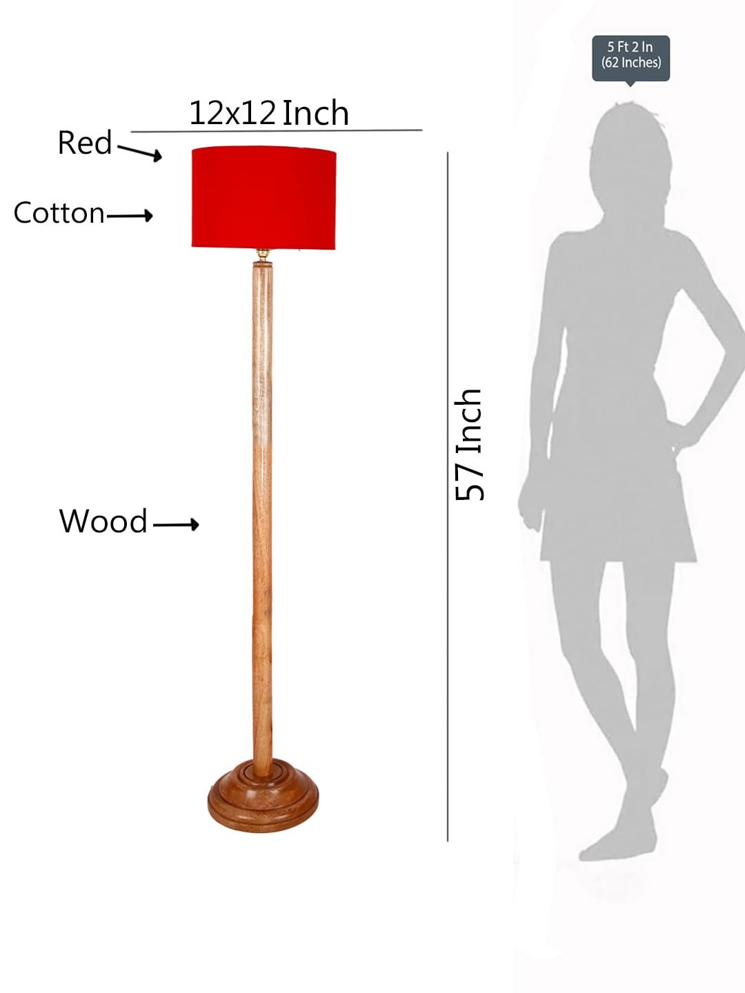 Red Cotton Drum Shade with Wood Floor lamp for Decoration/Office/Home/Gifting/Study .-(12x12x57 Inches)