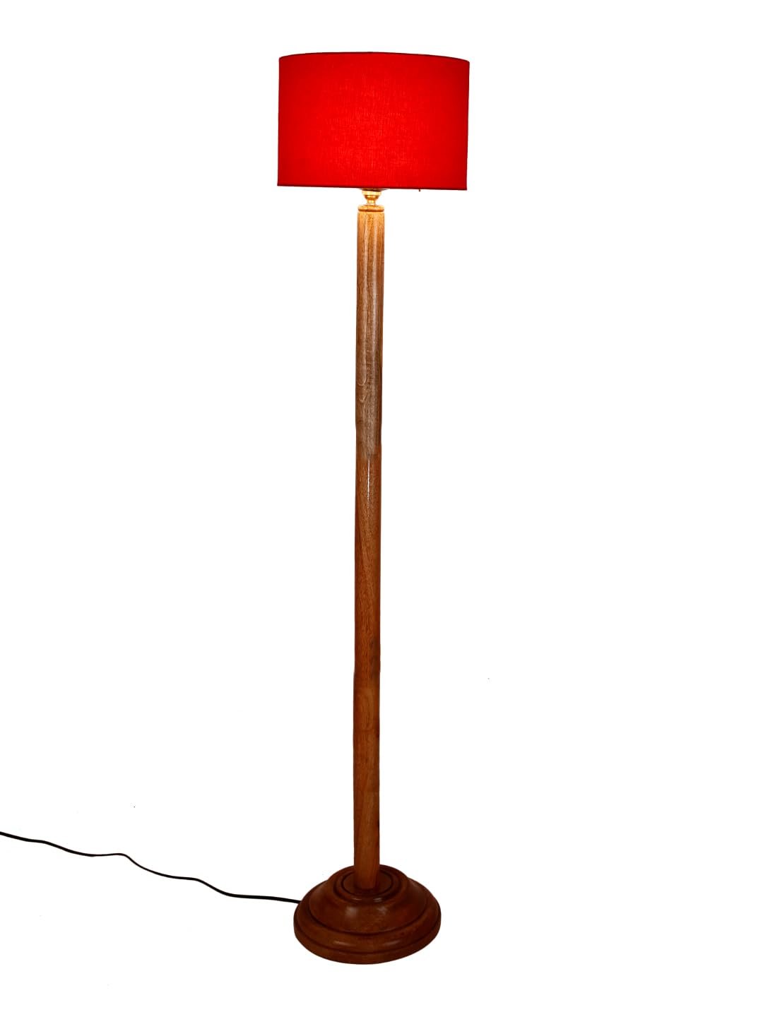 Red Cotton Drum Shade with Wood Floor lamp for Decoration/Office/Home/Gifting/Study .-(12x12x57 Inches)