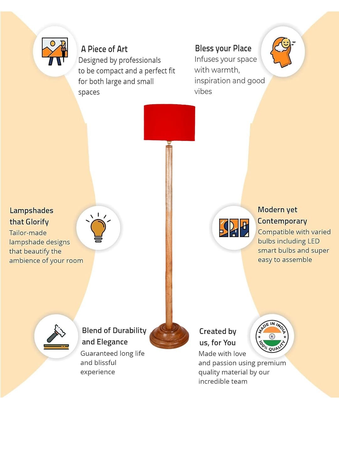 Red Cotton Drum Shade with Wood Floor lamp for Decoration/Office/Home/Gifting/Study .-(12x12x57 Inches)