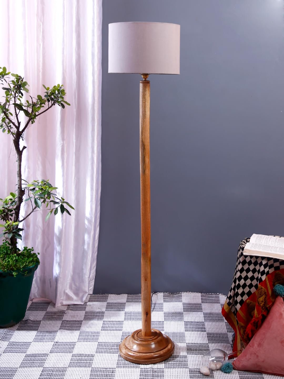 Grey Cotton Drum Shade with Wood Floor lamp for Decoration/Office/Home/Gifting/Study .-(12x12x57 Inches)