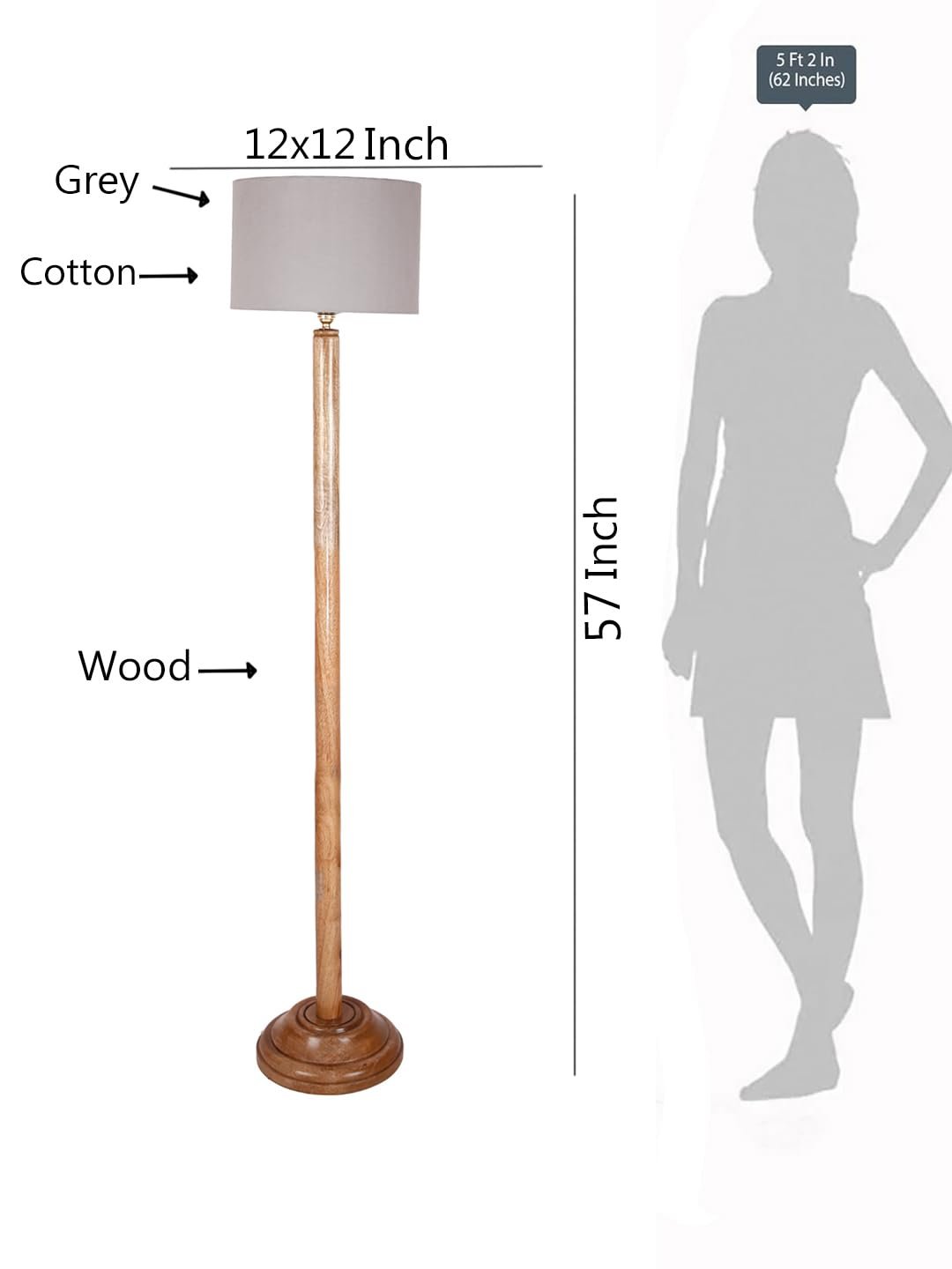 Grey Cotton Drum Shade with Wood Floor lamp for Decoration/Office/Home/Gifting/Study .-(12x12x57 Inches)