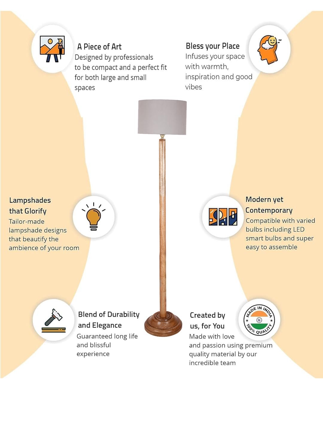 Grey Cotton Drum Shade with Wood Floor lamp for Decoration/Office/Home/Gifting/Study .-(12x12x57 Inches)