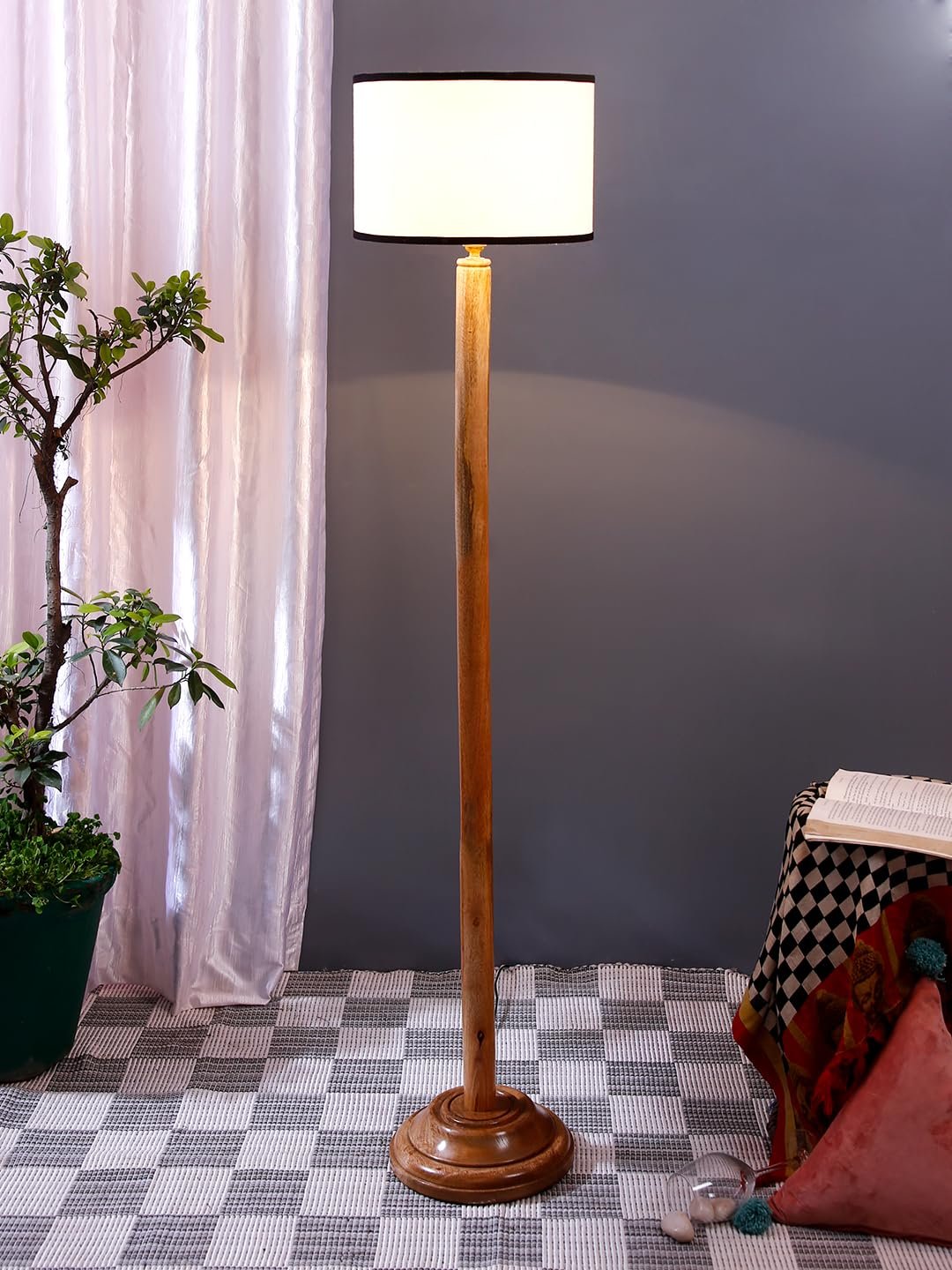 White & Black Cotton Drum Shade with Wood Floor lamp for Decoration/Office/Home/Gifting/Study .-(12x12x57 Inches)