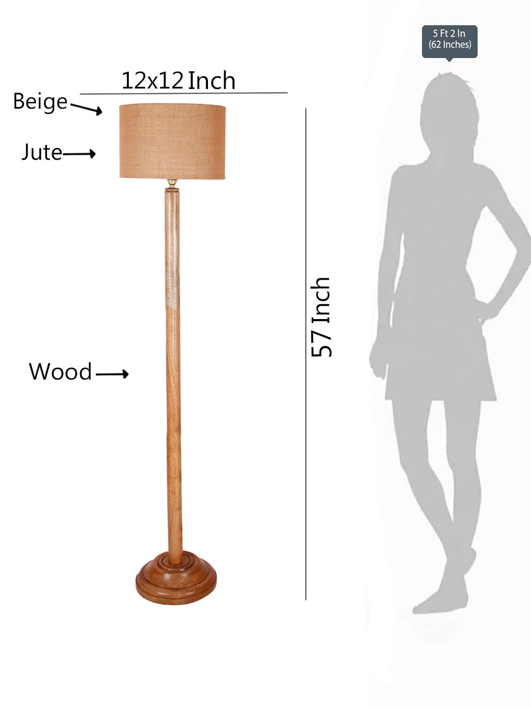 Beige Jute Drum Shade with Wood Floor lamp for Decoration/Office/Home/Gifting/Study .-(12x12x57 Inches)