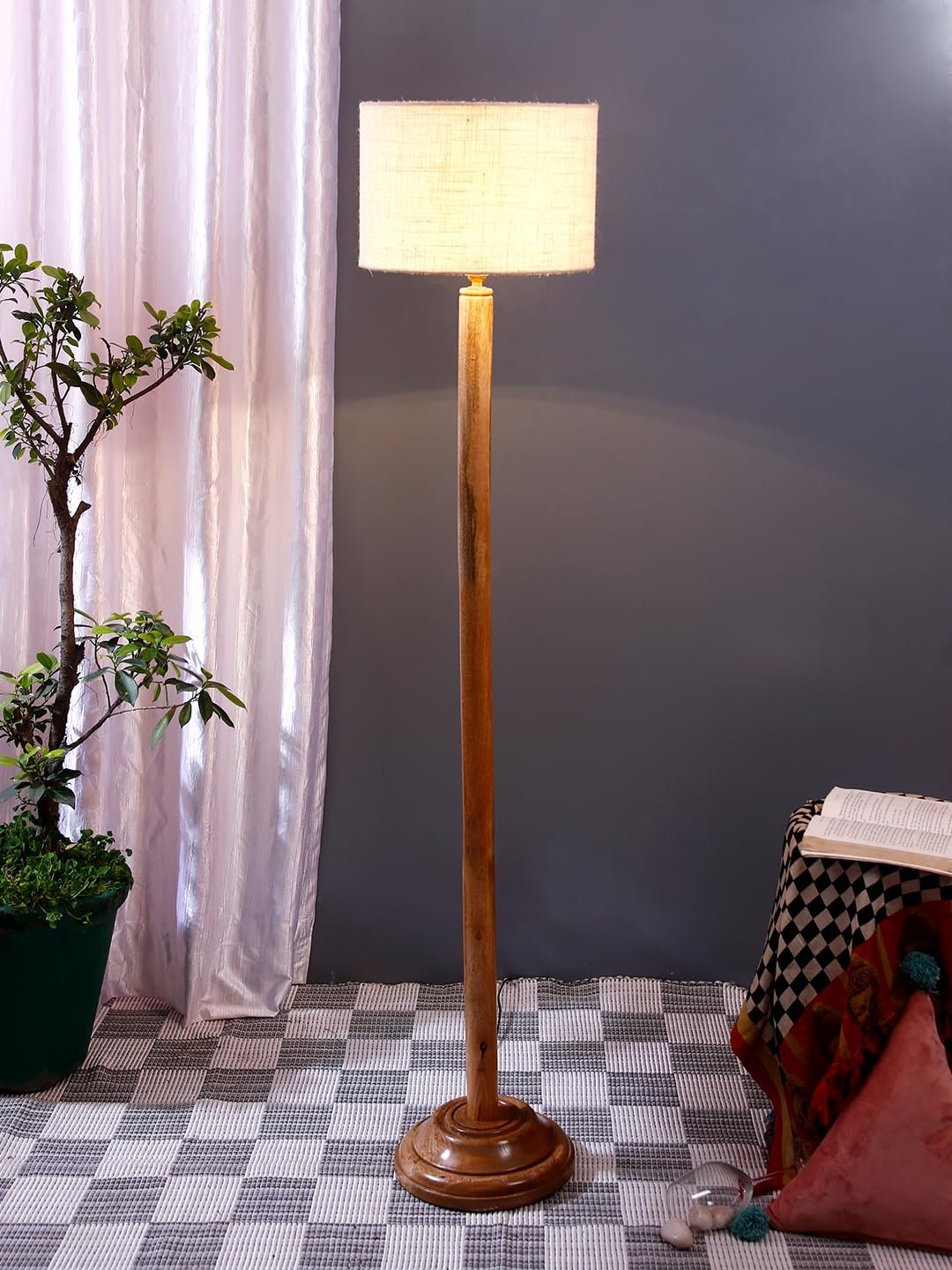 White Jute Drum Shade with Wood Floor lamp for Decoration/Office/Home/Gifting/Study .-(12x12x57 Inches)