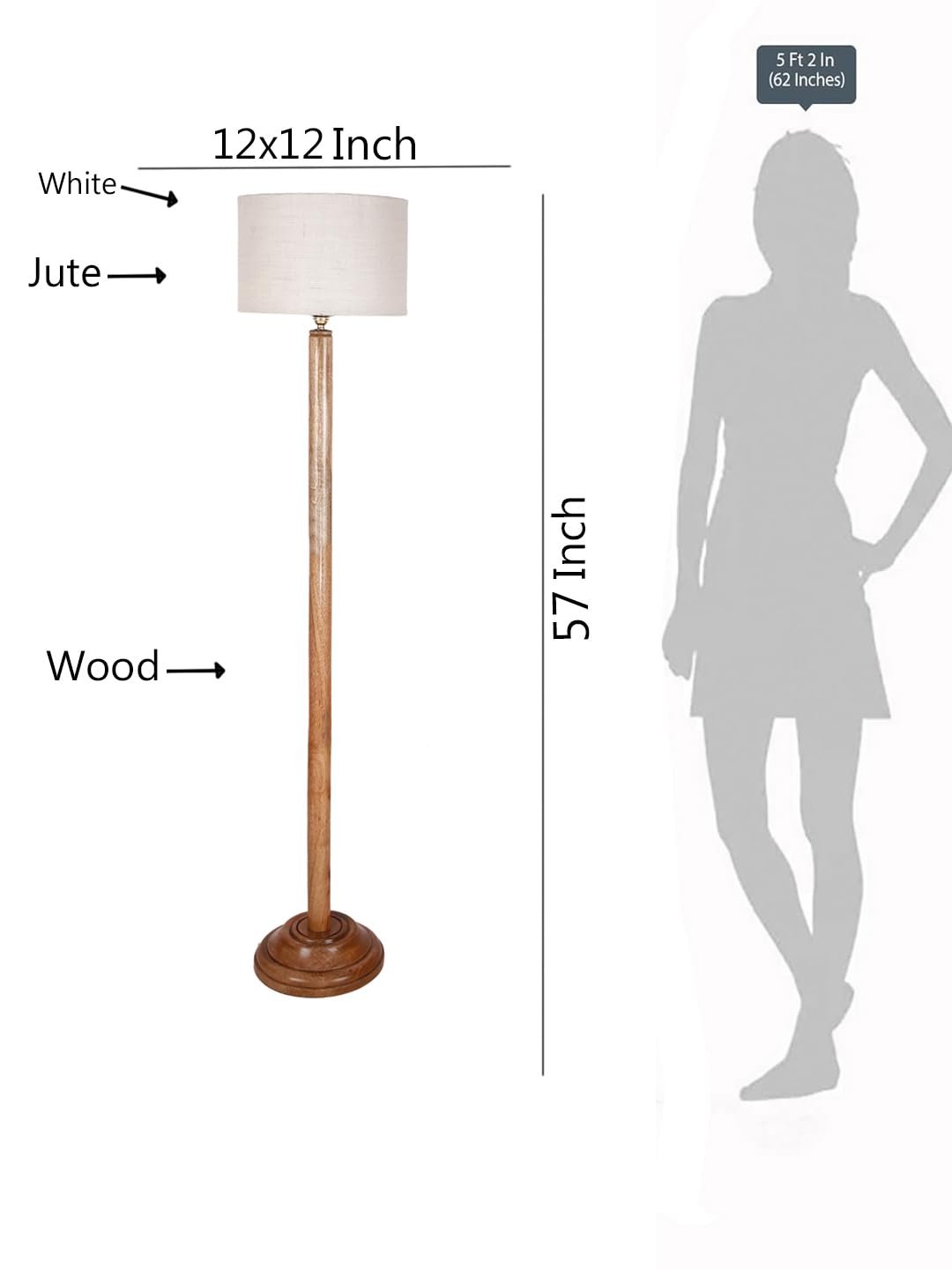 White Jute Drum Shade with Wood Floor lamp for Decoration/Office/Home/Gifting/Study .-(12x12x57 Inches)