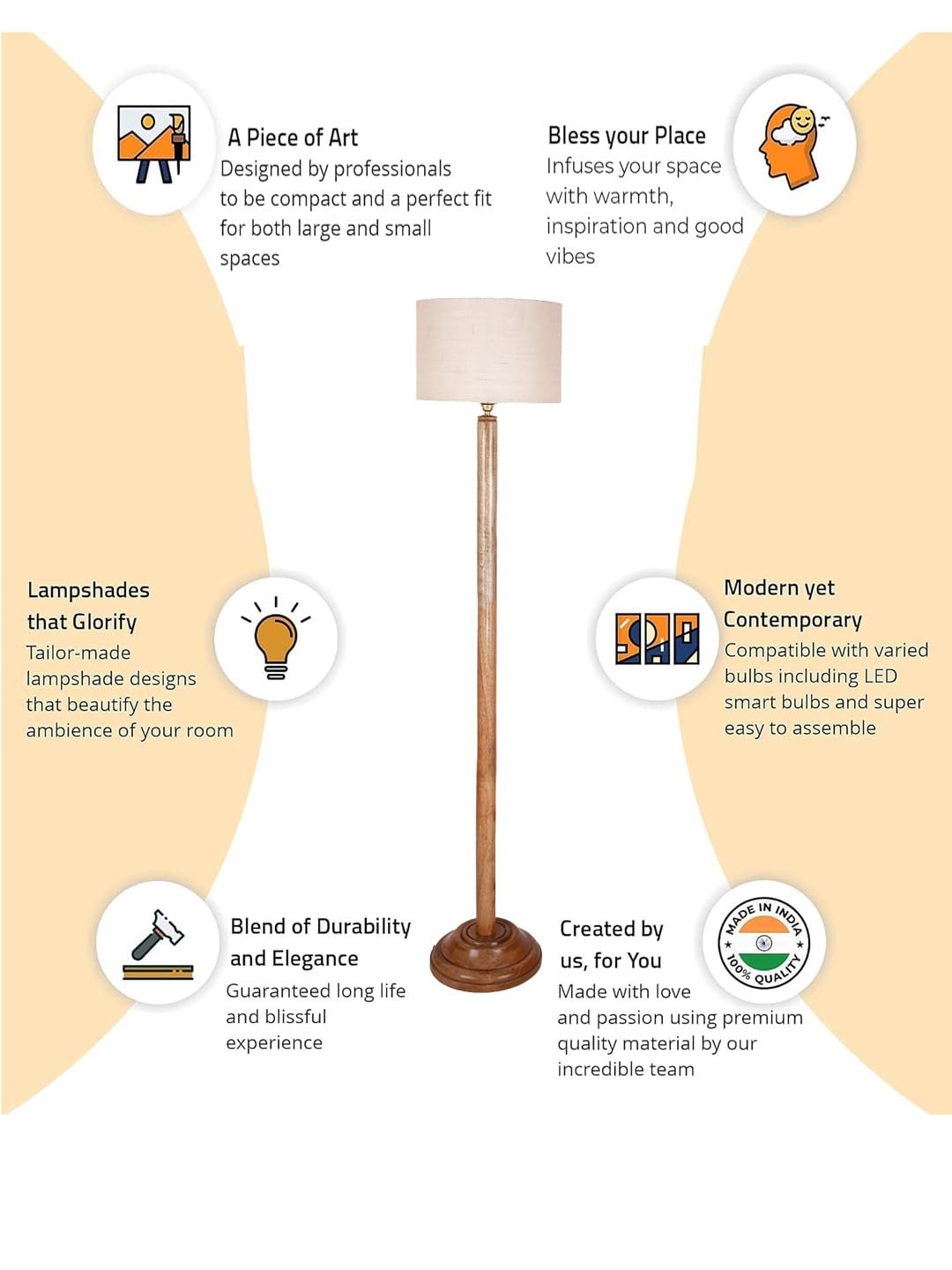 White Jute Drum Shade with Wood Floor lamp for Decoration/Office/Home/Gifting/Study .-(12x12x57 Inches)