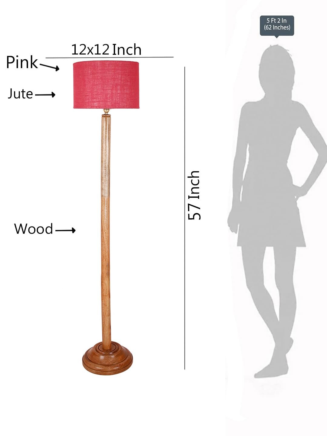 Pink Jute Drum Shade with Wood Floor lamp for Decoration/Office/Home/Gifting/Study .-(12x12x57 Inches)