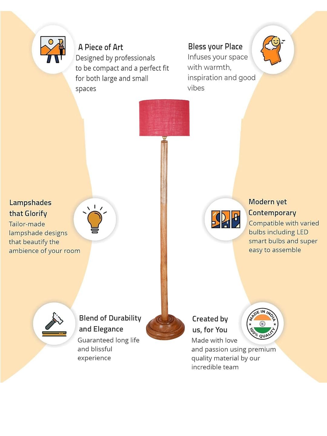 Pink Jute Drum Shade with Wood Floor lamp for Decoration/Office/Home/Gifting/Study .-(12x12x57 Inches)