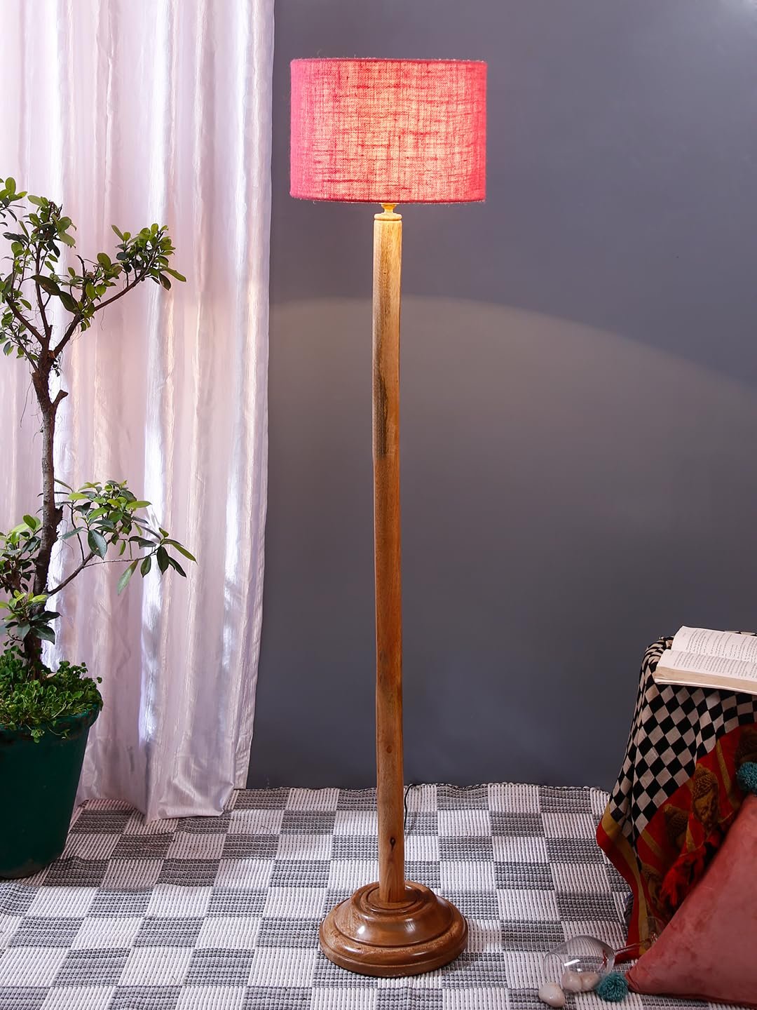 Pink Jute Drum Shade with Wood Floor lamp for Decoration/Office/Home/Gifting/Study .-(12x12x57 Inches)