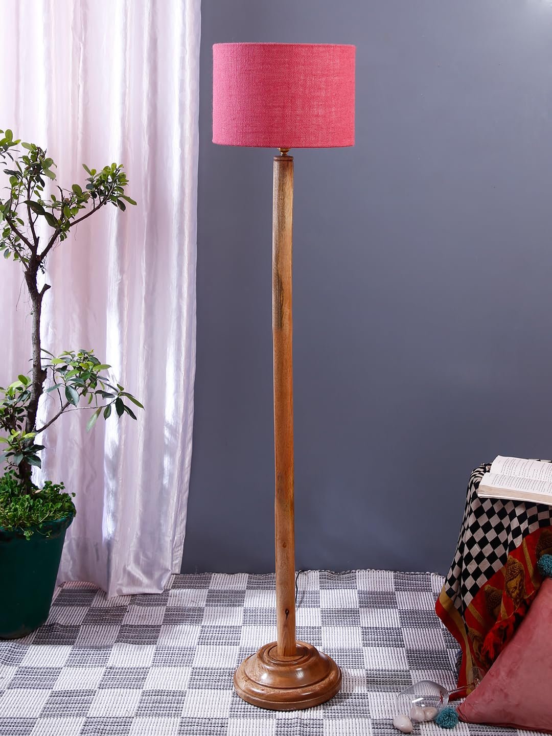 Pink Jute Drum Shade with Wood Floor lamp for Decoration/Office/Home/Gifting/Study .-(12x12x57 Inches)