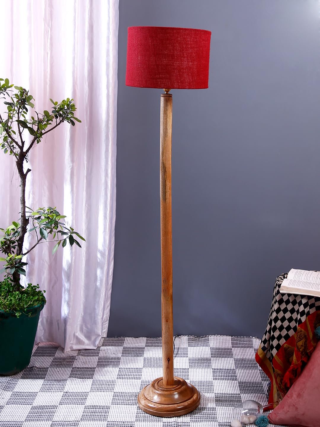 Maroon Jute Drum Shade with Wood Floor lamp for Decoration/Office/Home/Gifting/Study .-(12x12x57 Inches)