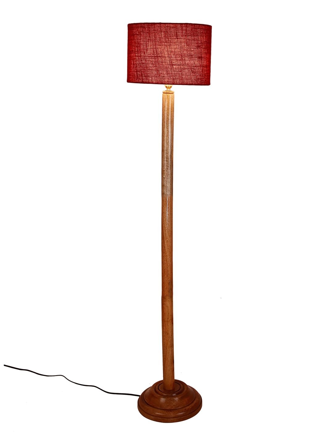 Maroon Jute Drum Shade with Wood Floor lamp for Decoration/Office/Home/Gifting/Study .-(12x12x57 Inches)