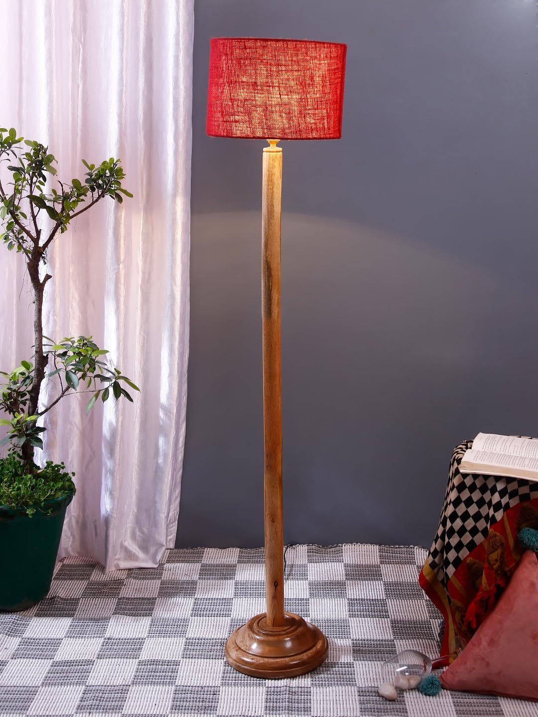 Maroon Jute Drum Shade with Wood Floor lamp for Decoration/Office/Home/Gifting/Study .-(12x12x57 Inches)