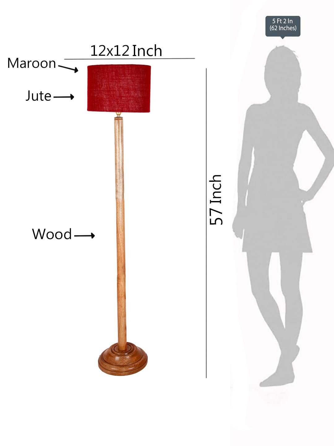 Maroon Jute Drum Shade with Wood Floor lamp for Decoration/Office/Home/Gifting/Study .-(12x12x57 Inches)