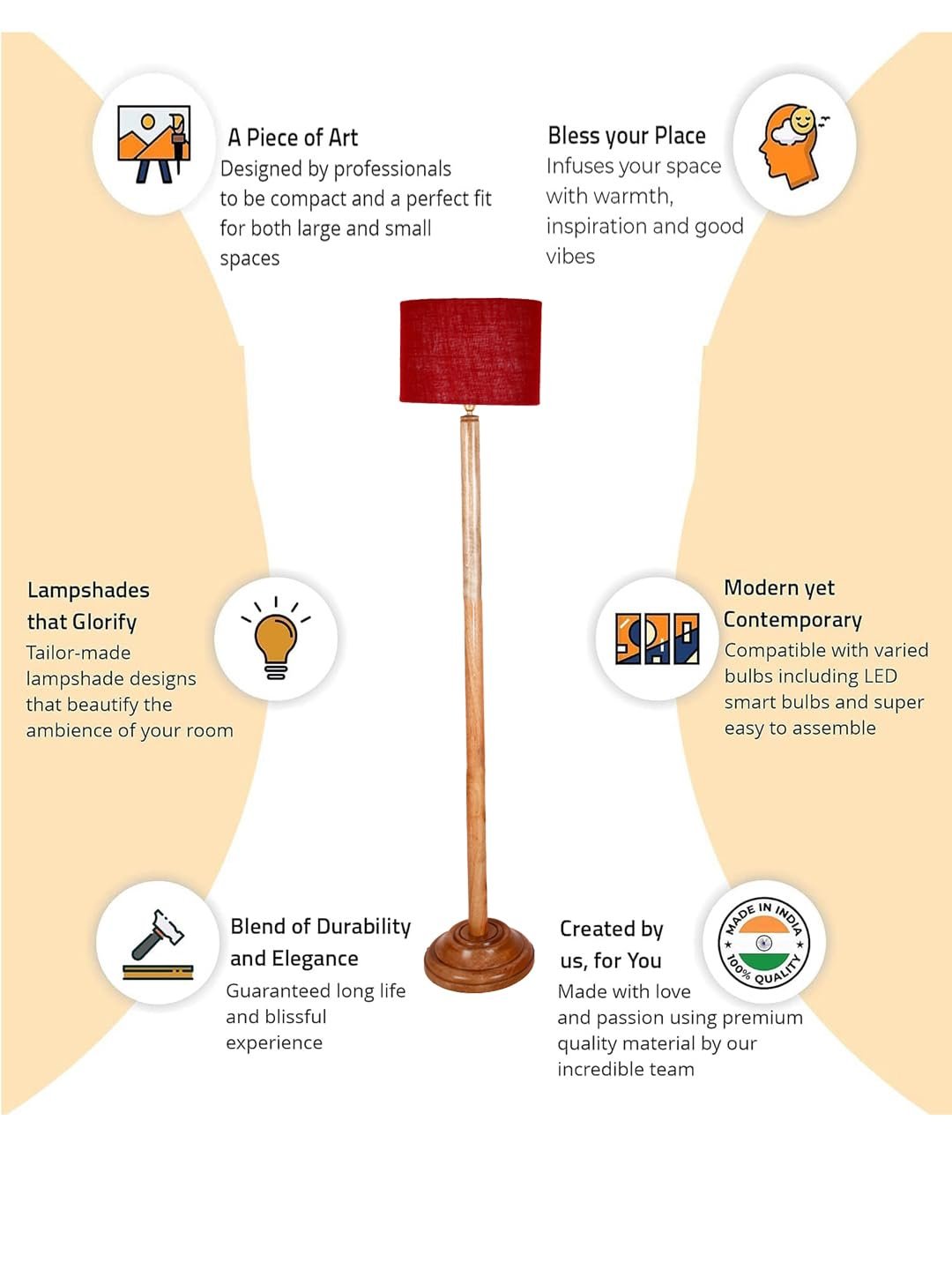 Maroon Jute Drum Shade with Wood Floor lamp for Decoration/Office/Home/Gifting/Study .-(12x12x57 Inches)