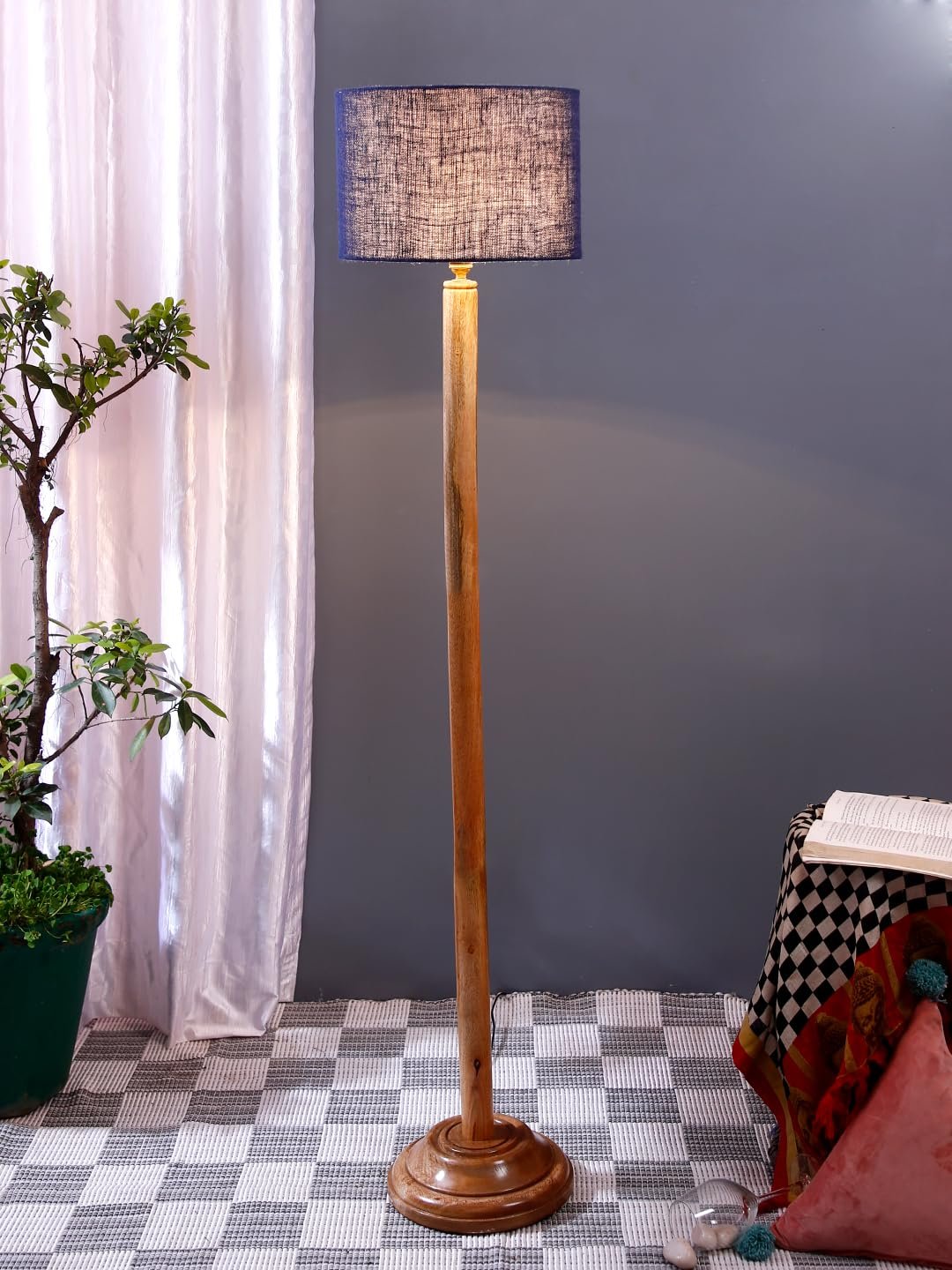 Blue Jute Drum Shade with Wood Floor lamp for Decoration/Office/Home/Gifting/Study .-(12x12x57 Inches)