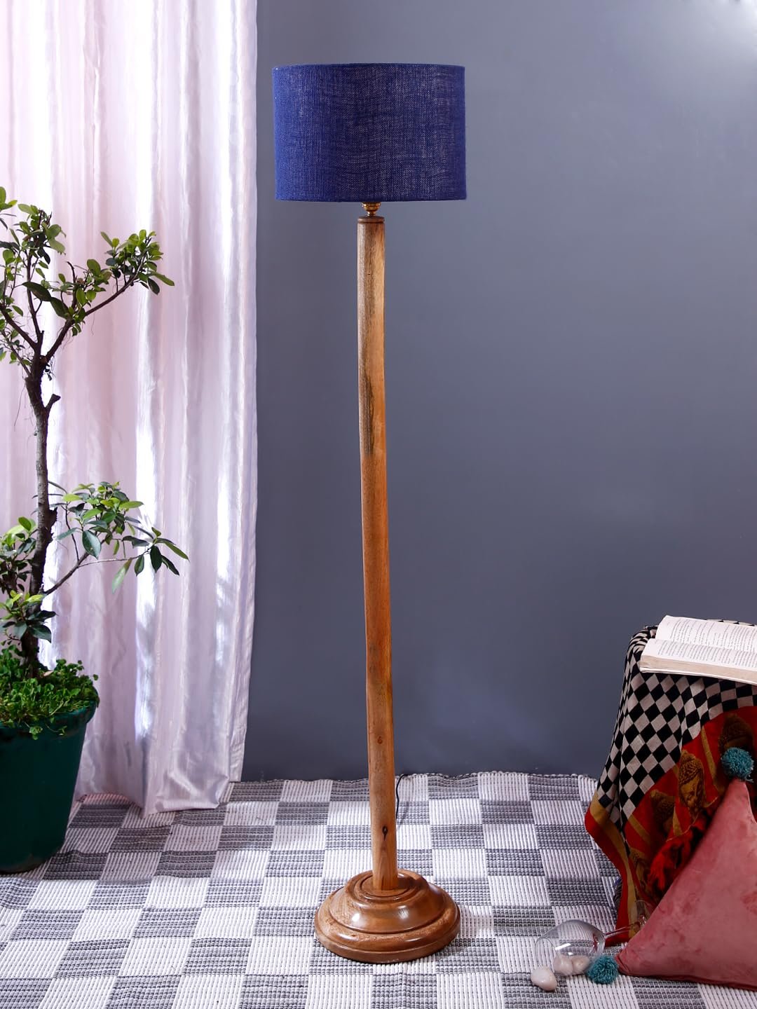 Blue Jute Drum Shade with Wood Floor lamp for Decoration/Office/Home/Gifting/Study .-(12x12x57 Inches)