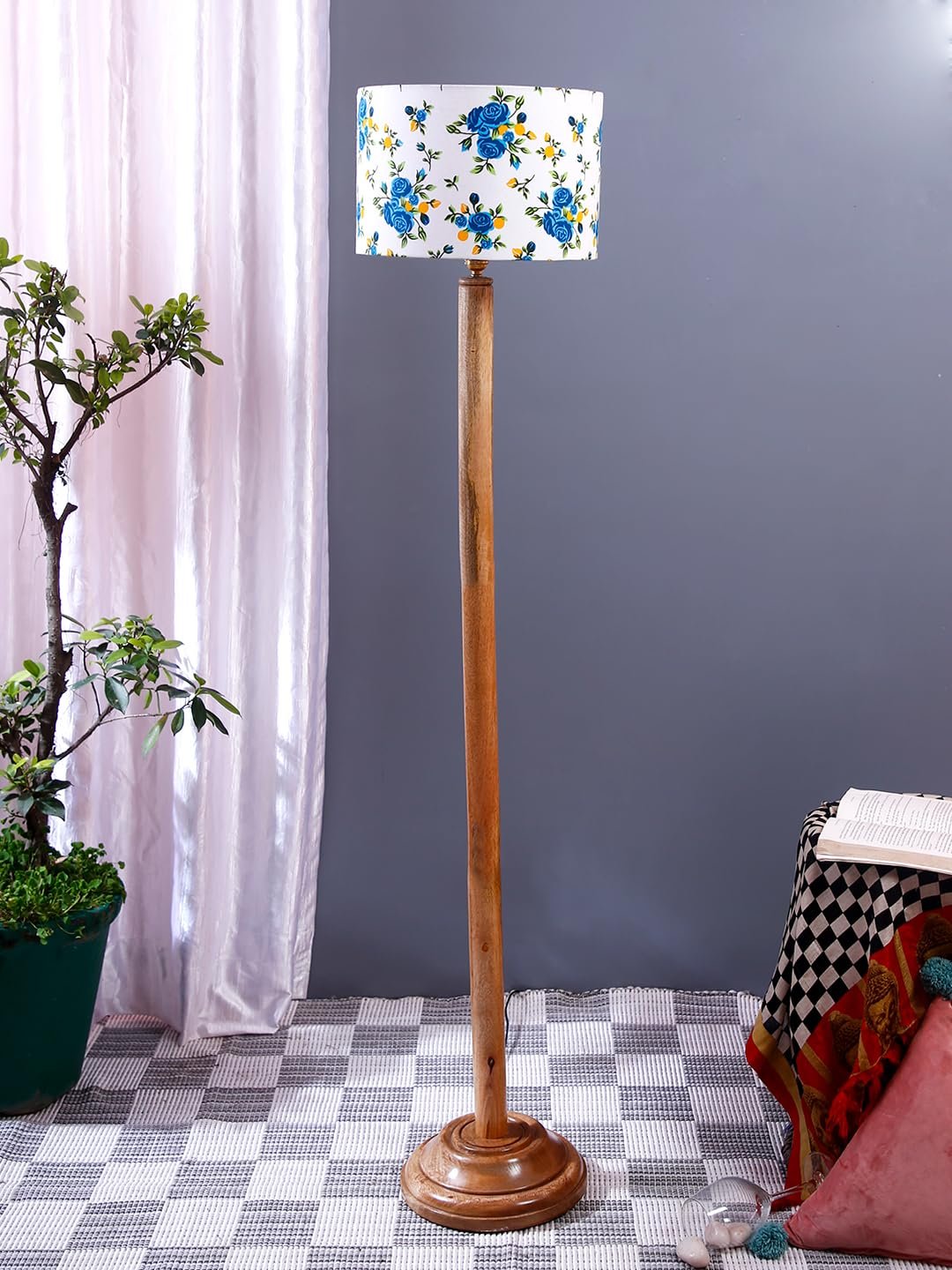 Multicolor Cotton Cotton Drum Shade with Wood Floor lamp for Decoration/Office/Home/Gifting/Study .-(12x12x57 Inches)-A