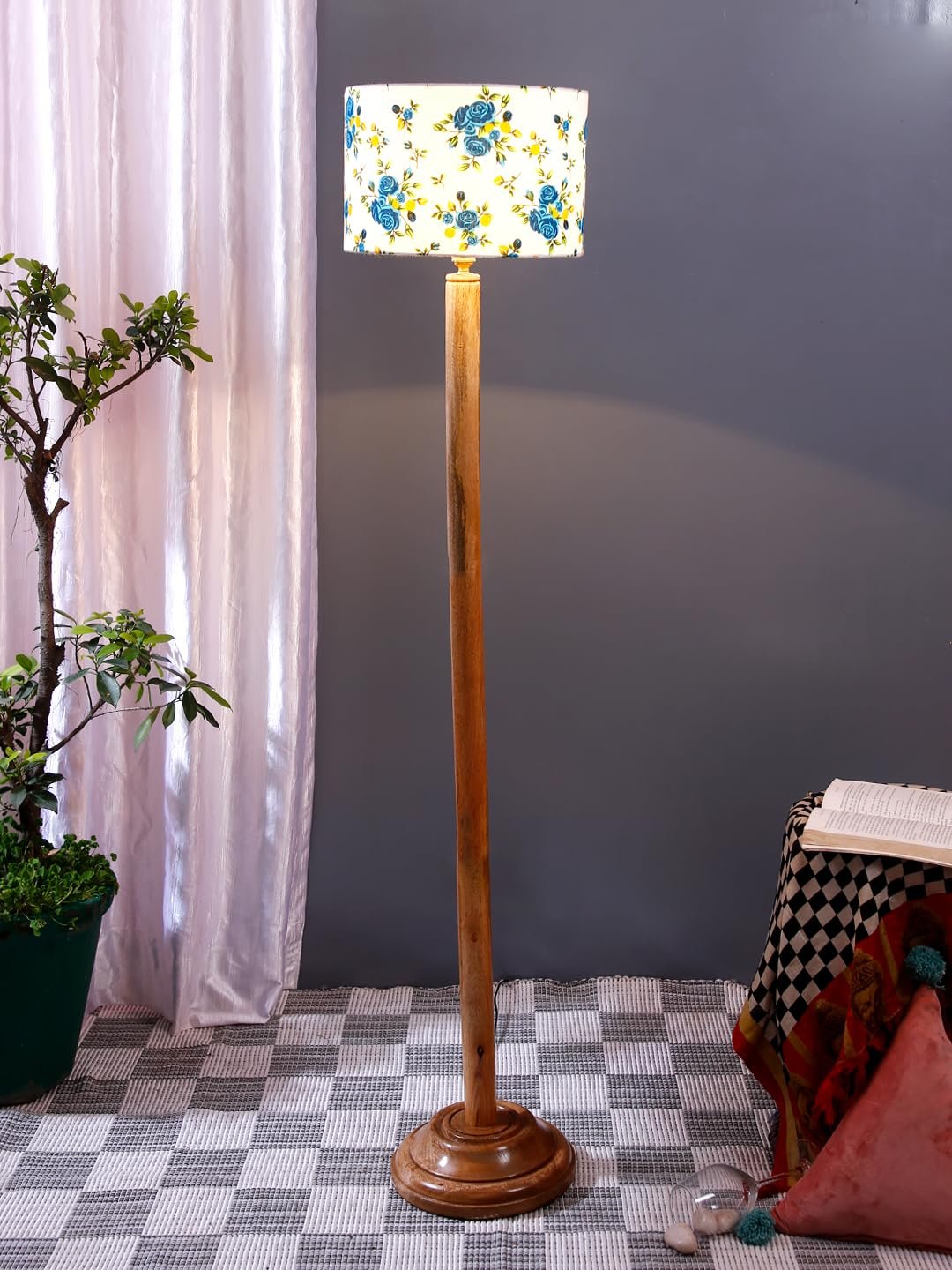 Multicolor Cotton Cotton Drum Shade with Wood Floor lamp for Decoration/Office/Home/Gifting/Study .-(12x12x57 Inches)-A