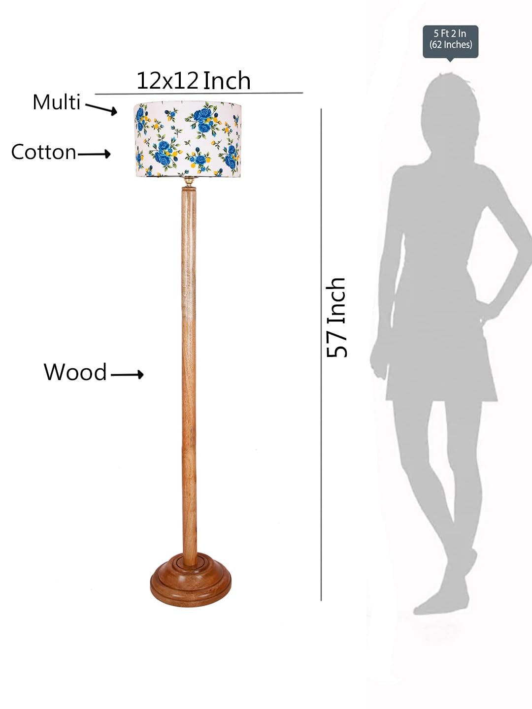 Multicolor Cotton Cotton Drum Shade with Wood Floor lamp for Decoration/Office/Home/Gifting/Study .-(12x12x57 Inches)-A