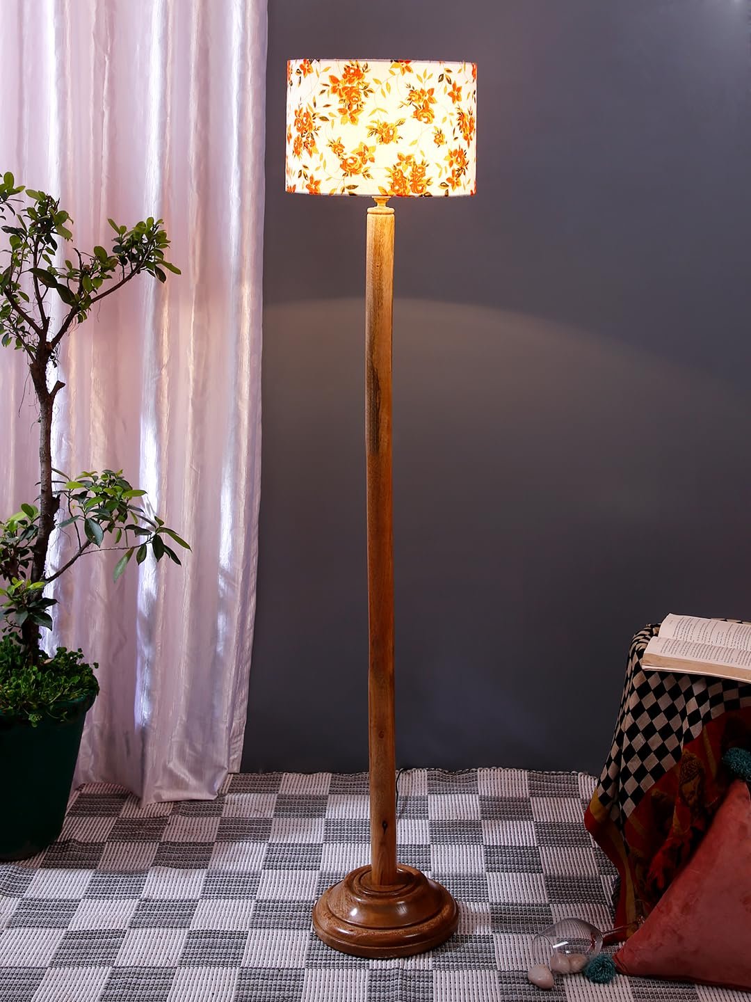 Multicolor Cotton Cotton Drum Shade with Wood Floor lamp for Decoration/Office/Home/Gifting/Study .-(12x12x57 Inches)-B