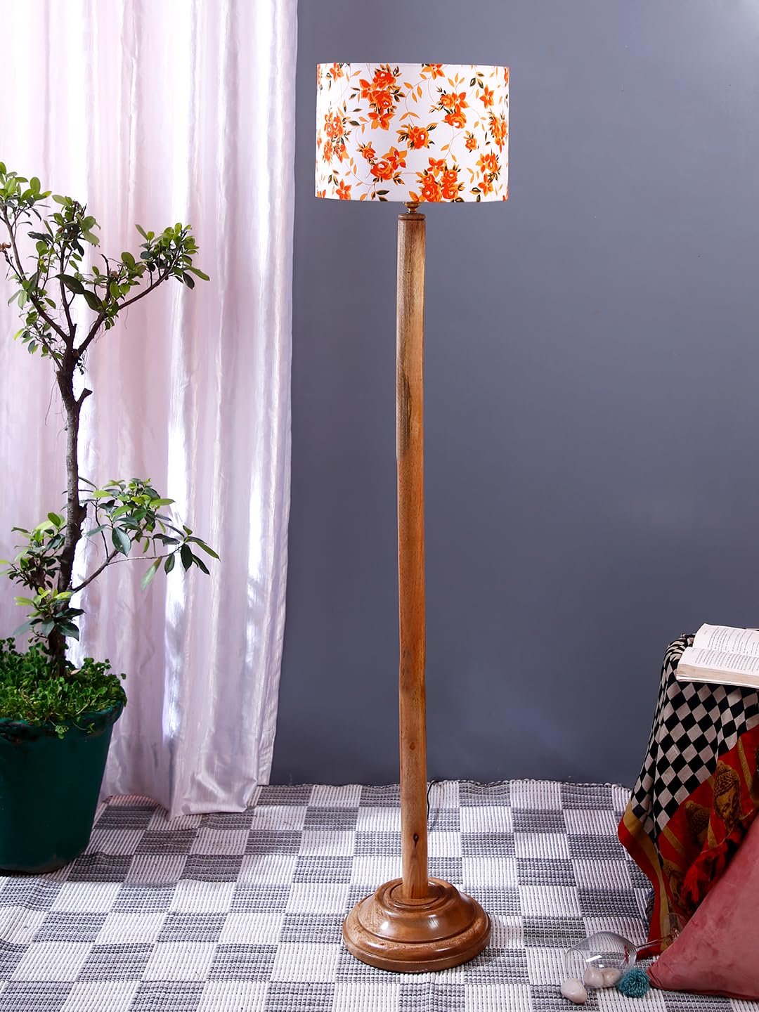 Multicolor Cotton Cotton Drum Shade with Wood Floor lamp for Decoration/Office/Home/Gifting/Study .-(12x12x57 Inches)-B